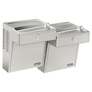 Stainless steel wall-mounted water cooler with two drinking basins at different heights and chrome drinking fountains.