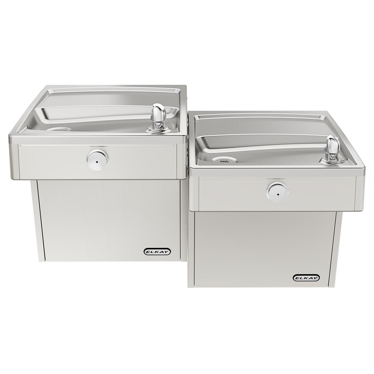 Stainless steel wall-mounted water cooler with two different height drinking fountains and chrome faucets.