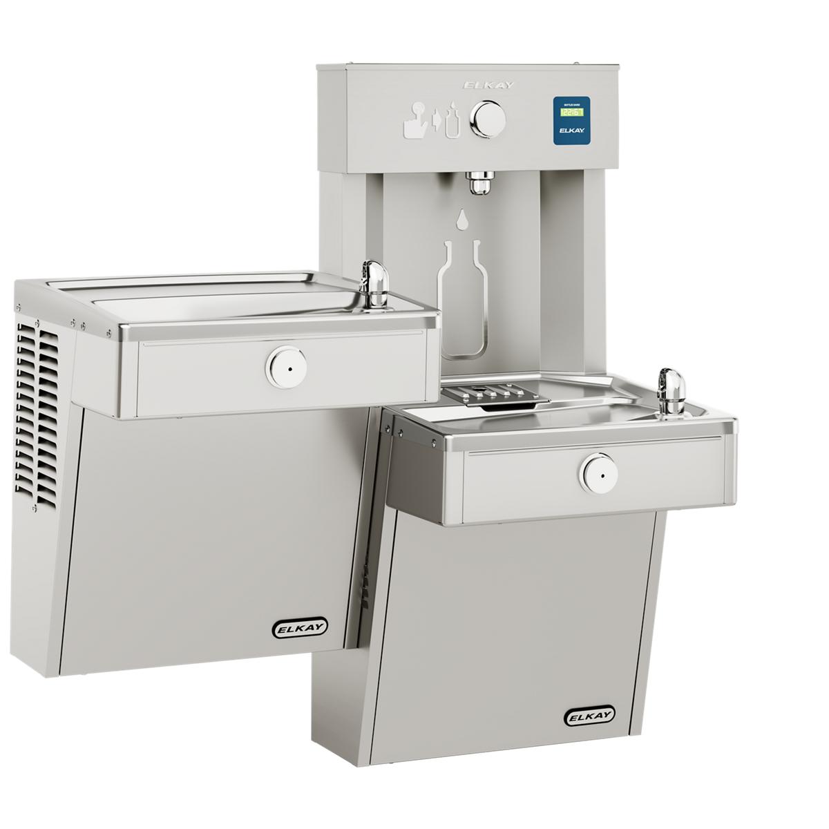 Stainless steel water cooler with two filling stations at different heights, bottle filler spout at top, and control panel wi