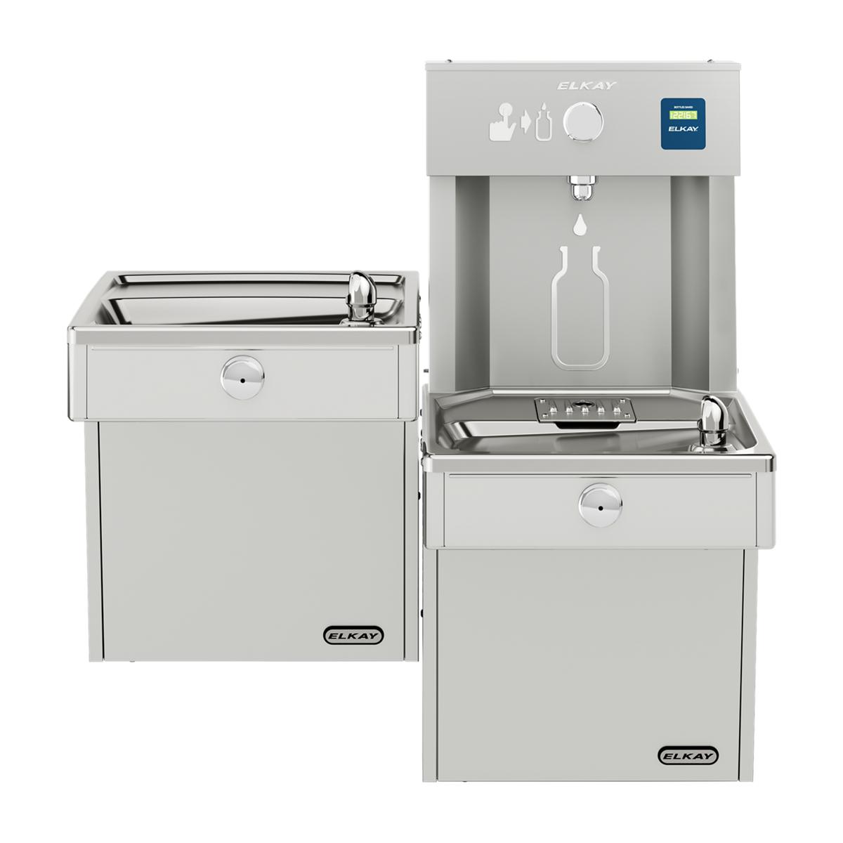 Stainless steel Elkay ezH2O bi-level water cooler and bottle filling station with dual drinking fountains and refrigerated co