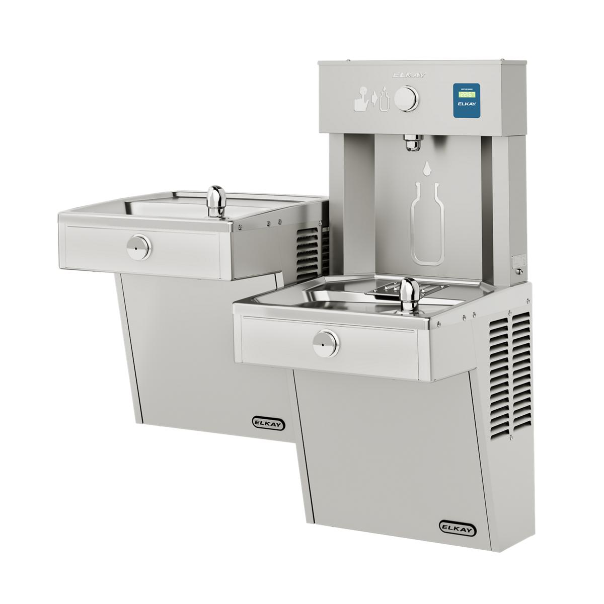 Stainless steel bi-level water cooler with upper bottle filling station and lower drinking fountain, featuring refrigeration 