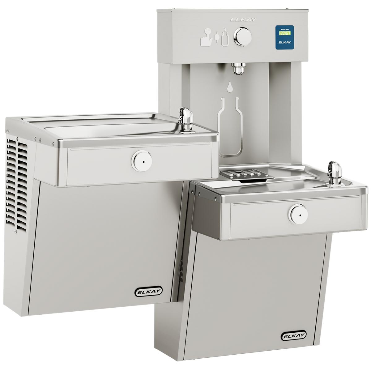 Stainless steel water cooler and bottle filling station with bi-level basin configuration and wall-mounted dispenser unit.