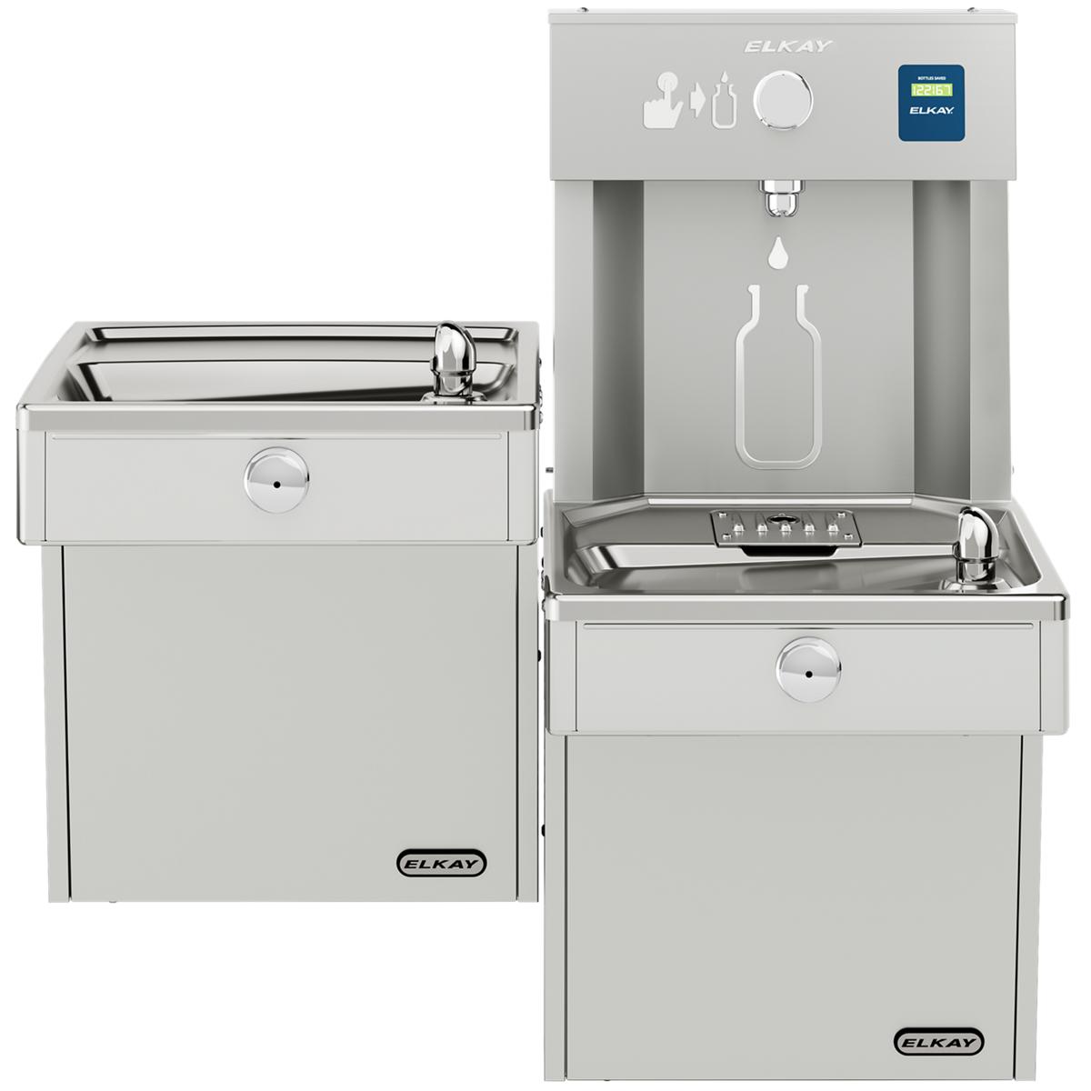 Elkay stainless steel bi-level bottle filling station with upper dispenser and lower cooler basin, featuring control panel an