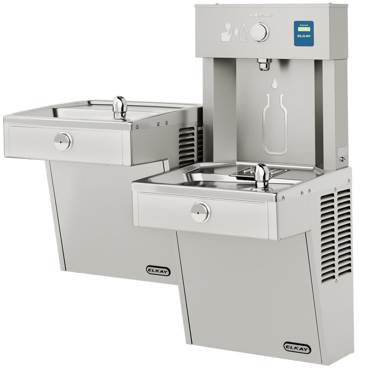 Stainless steel bi-level water station with upper bottle filling dispenser and lower drinking fountain with dual faucets.