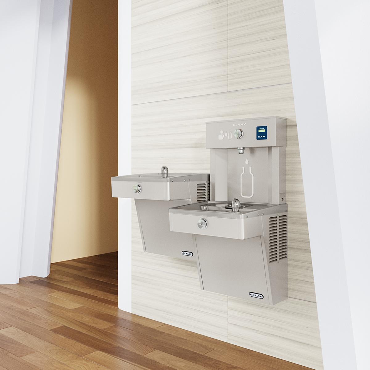 Stainless steel wall-mounted water filling station with dual-level dispensers and digital control panel in institutional sett