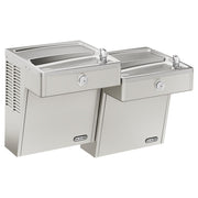 Stainless steel wall-mounted bi-level water cooler with two drinking fountains and refrigeration unit on left side.