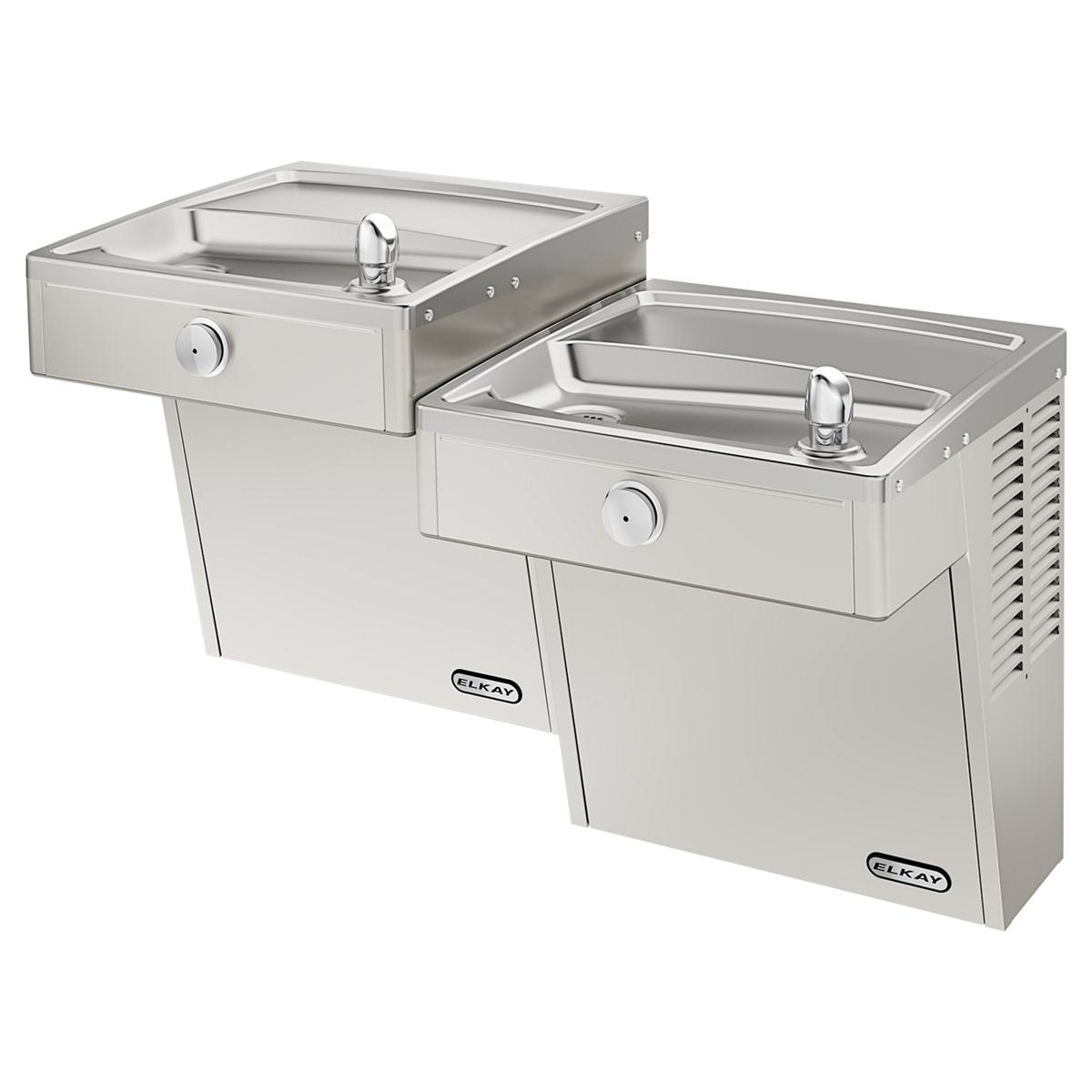 Stainless steel wall-mounted water cooler with two basins at different heights, each with a chrome drinking fountain spout.