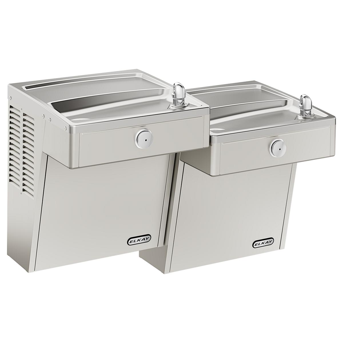 Stainless steel wall-mounted bi-level water cooler with two drinking fountains and chrome faucets.