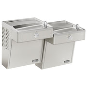 Stainless steel wall-mounted bi-level water cooler with two drinking fountains and chrome faucets.