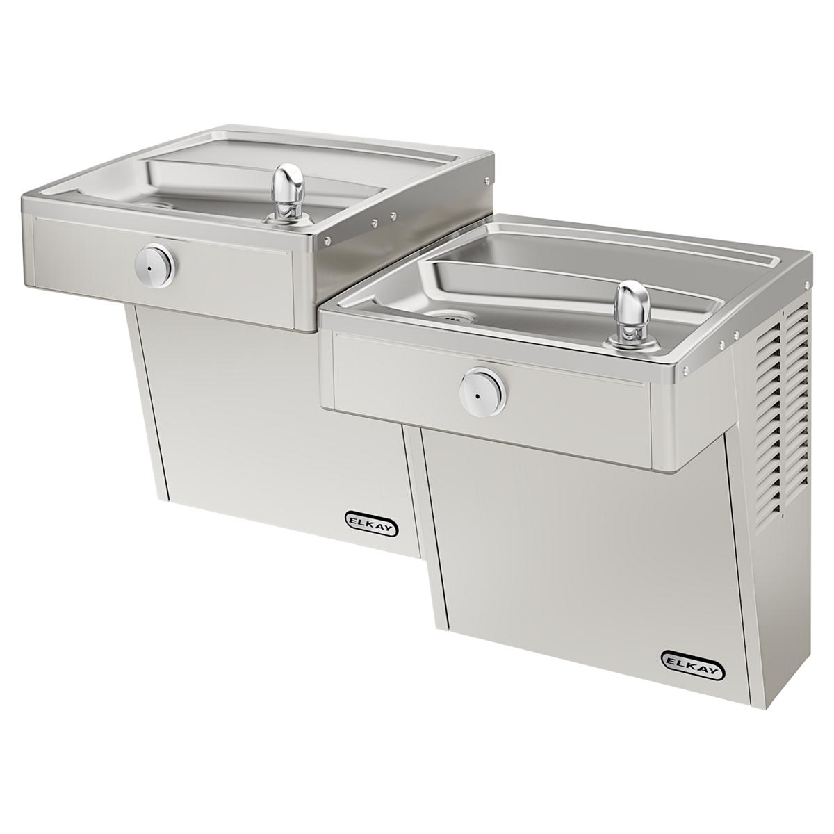 Stainless steel wall-mounted water cooler with two basins at different heights, each with a chrome faucet and control knob.