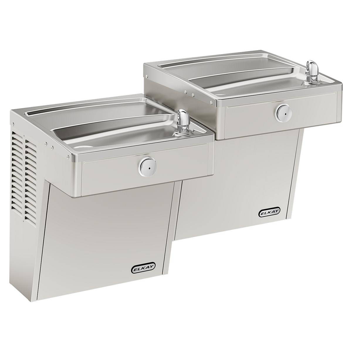 Stainless steel wall-mounted water cooler with two drinking fountains at different heights and chrome drinking spouts.