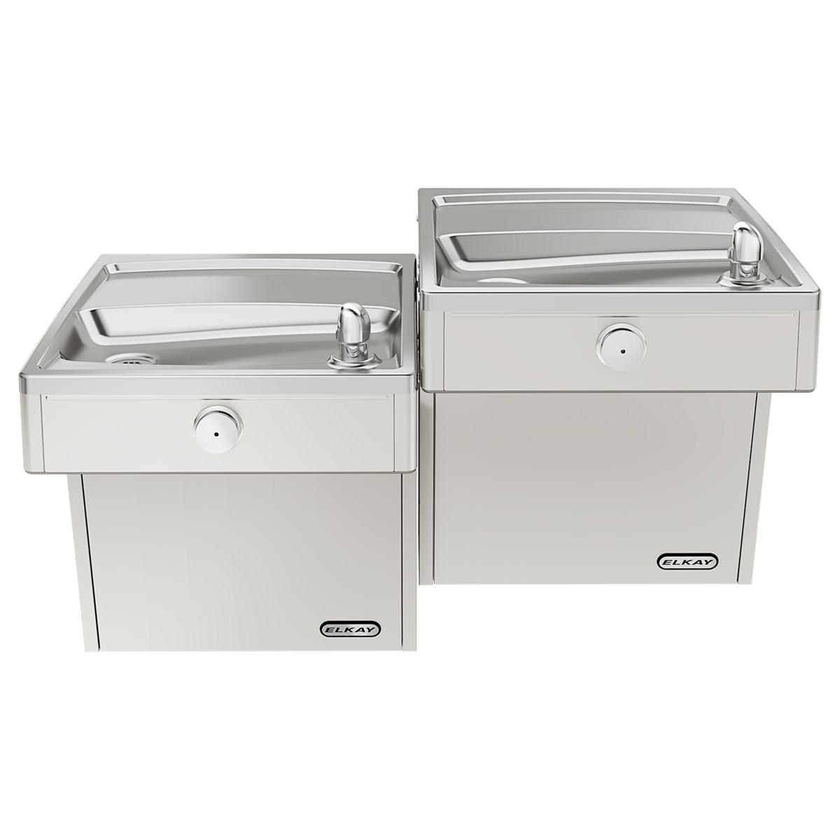 Stainless steel wall-mounted water cooler with two basins at different heights, each with a drinking fountain spout.