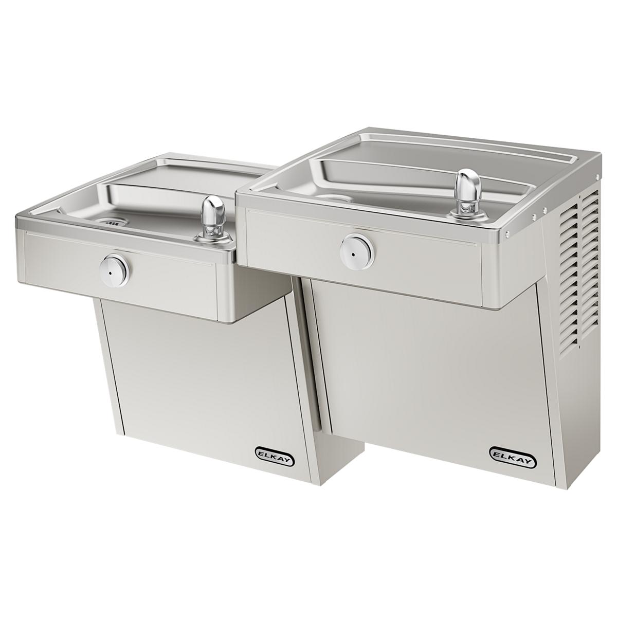 Stainless steel wall-mounted water cooler with two basins at different heights, each with a chrome drinking fountain spout an