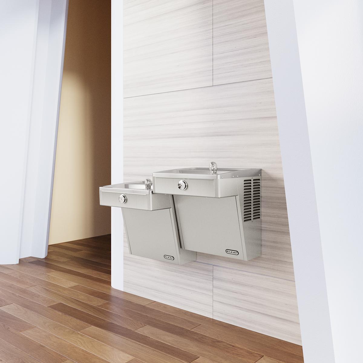 Wall-mounted stainless steel bi-level water cooler with two drinking fountains at different heights and refrigeration unit on