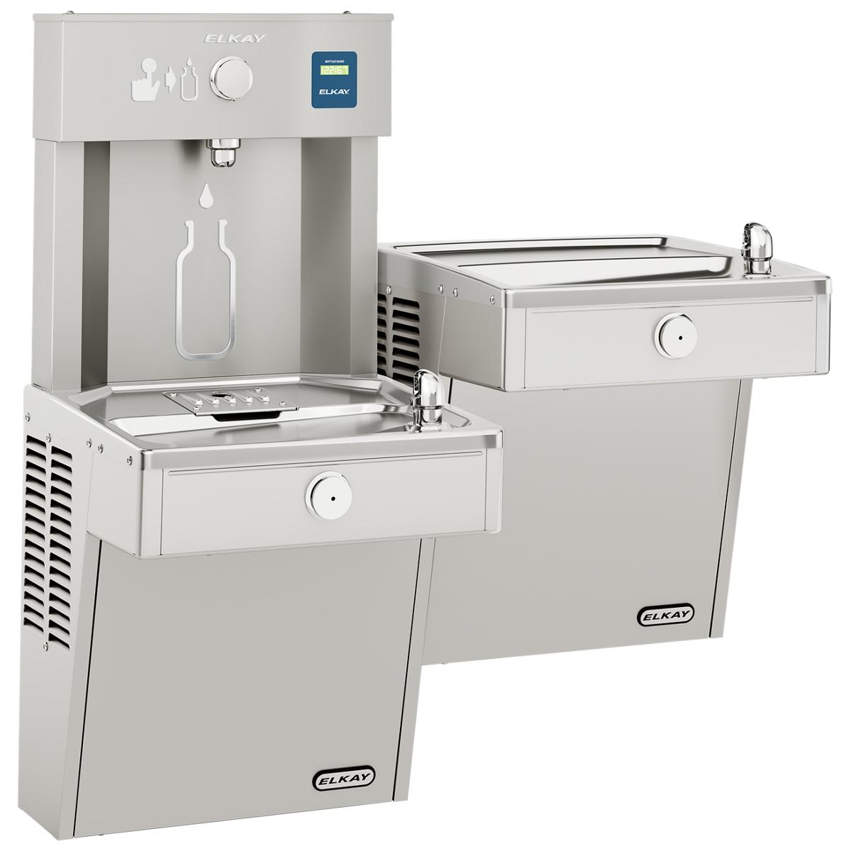 Stainless steel dual-station water cooler and bottle filling station with bi-level drinking fountains and refrigerated basin.