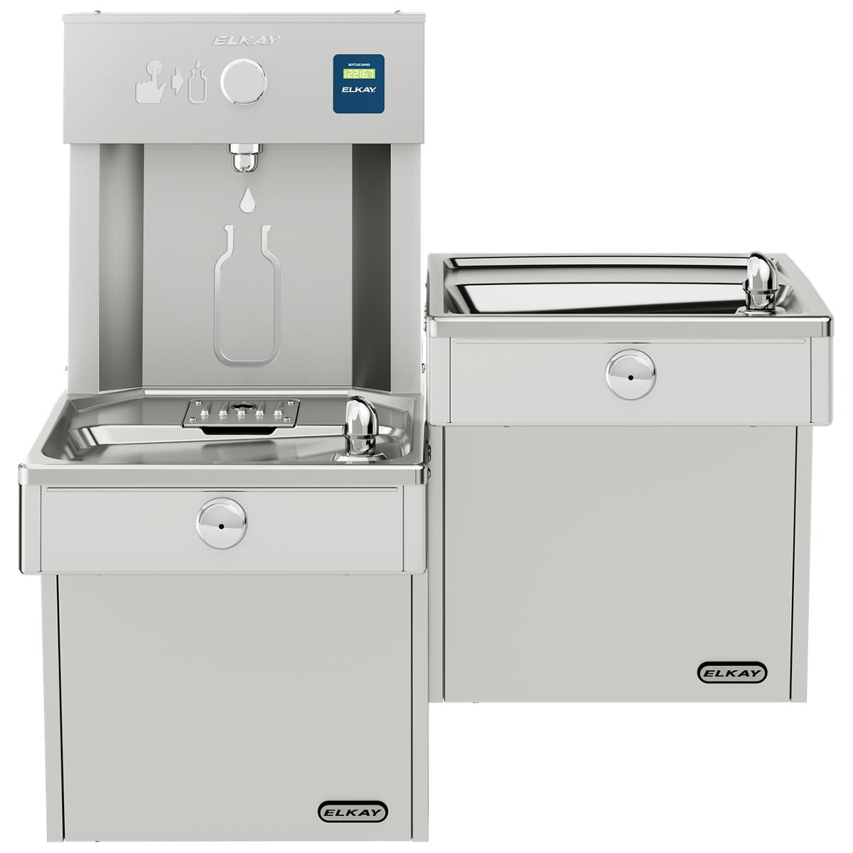 Stainless steel water filling station with upper dispenser unit, lower bottle filling basin on left, and separate drinking fo