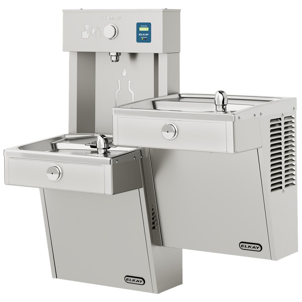 Stainless steel bi-level water cooler and bottle filling station with two drinking fountains and refrigeration unit.