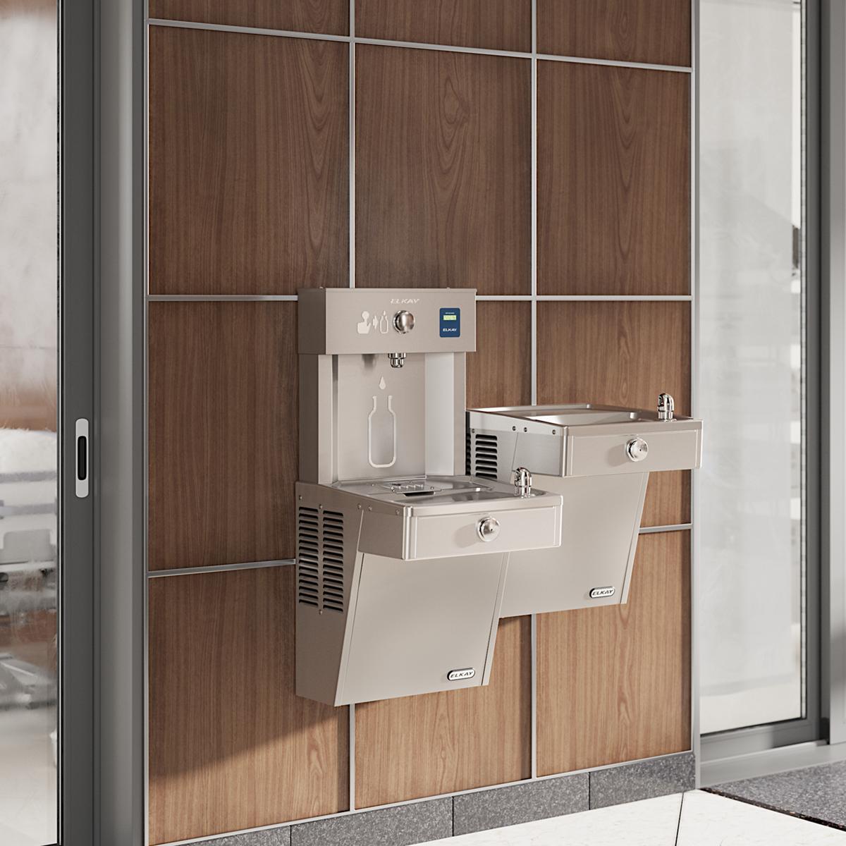 Stainless steel wall-mounted water cooler and bottle filling station with dual dispensers mounted on wood paneling.