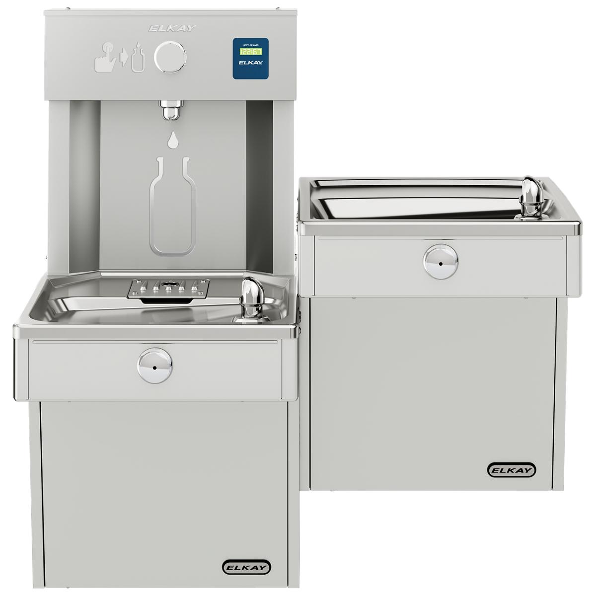 Stainless steel Elkay water filling station with bottle filler dispenser on upper unit and two lower basin compartments.