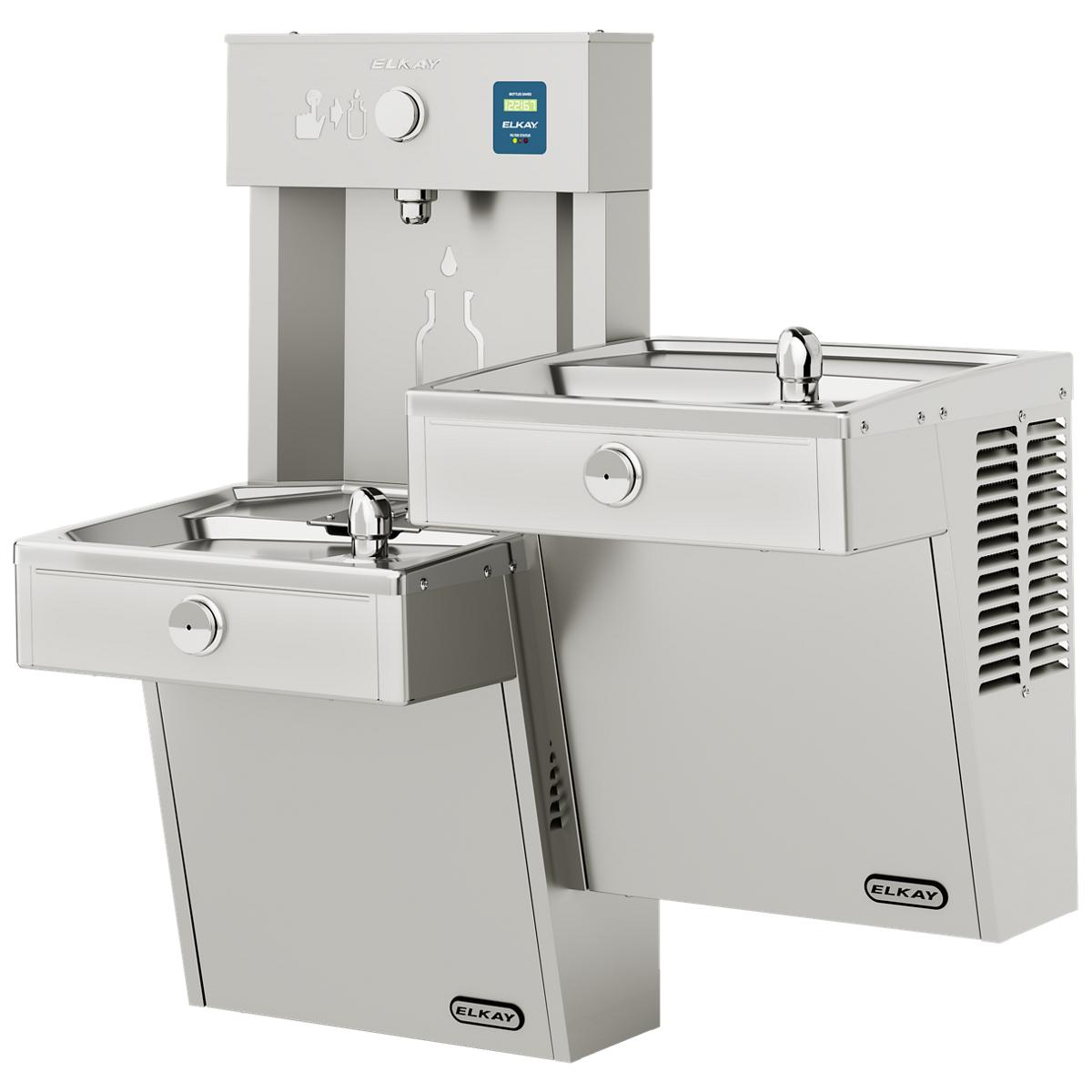 Stainless steel water fountain with two bi-level drinking basins and upper bottle filling station with control panel.