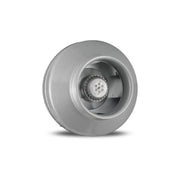 Gray cylindrical in-line duct fan with centrifugal impeller visible in center opening.