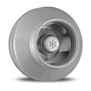 Gray cylindrical in-line duct fan with centrifugal impeller and motor visible in center opening.