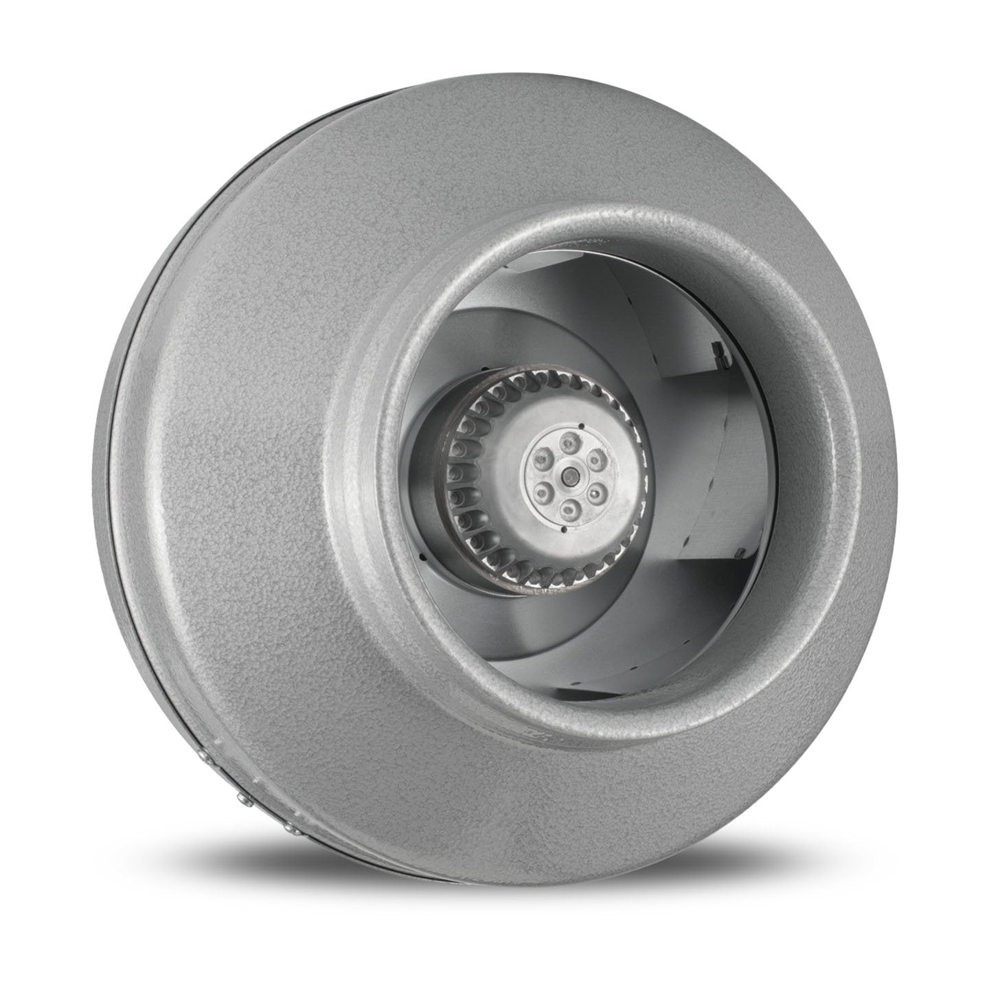 Gray cylindrical in-line duct fan with centrifugal impeller and motor visible in center opening.