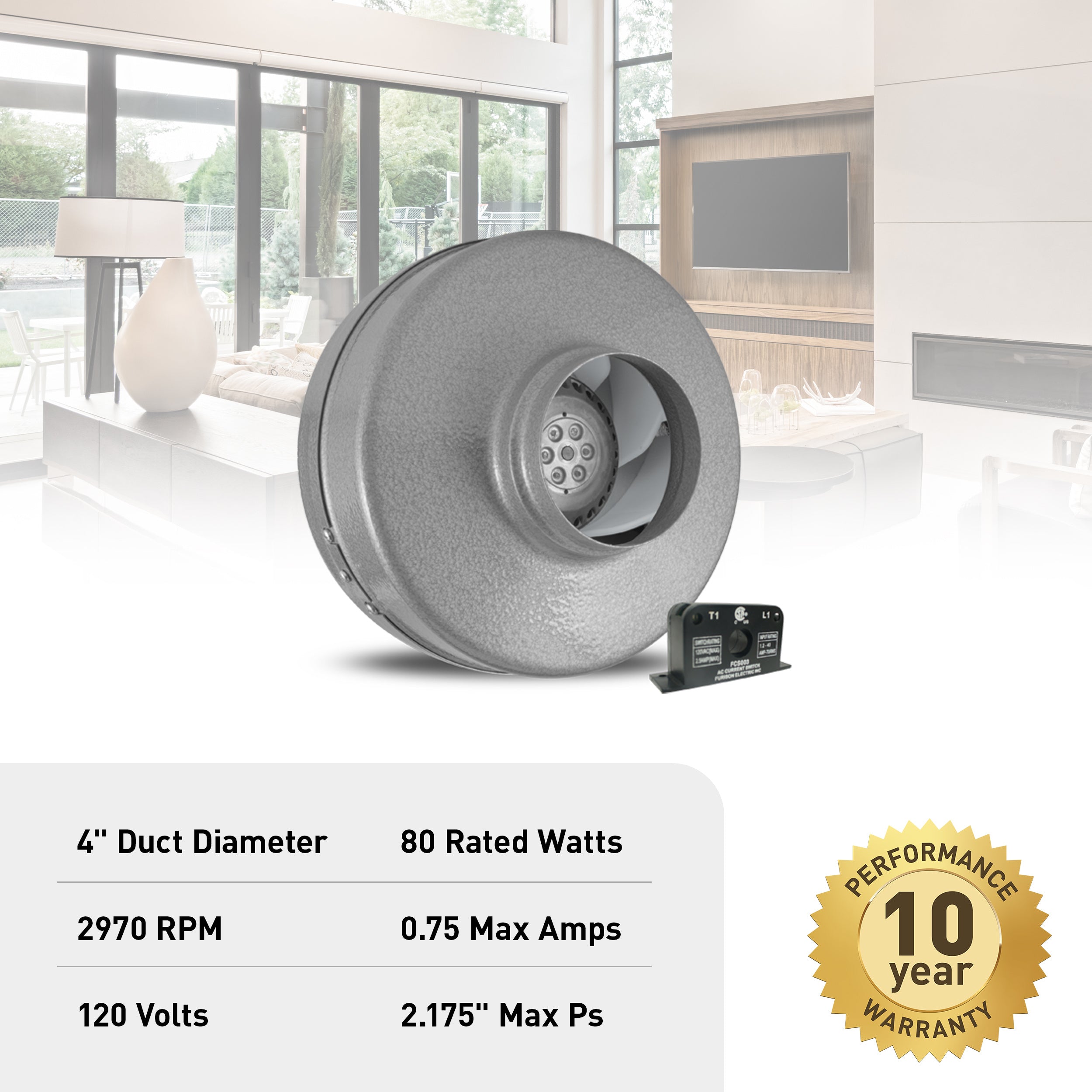 Panasonic Atmosphere Vortex VTX400C Centrifugal In-Line Duct Fan with Current Sensor, 175 CFM at 0.2 Static Pressure, Corded Ventilation Fan