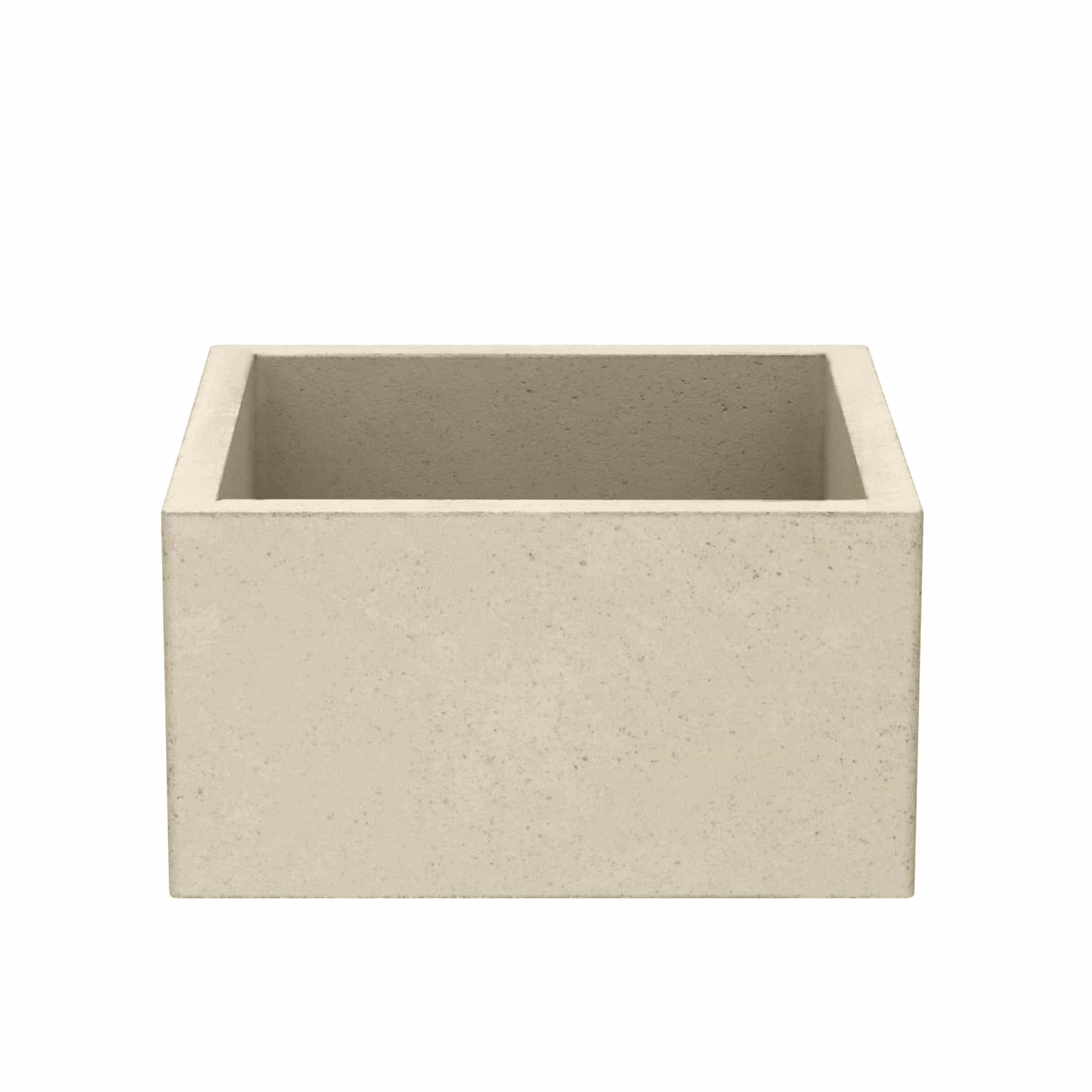 Sand-colored rectangular concrete sink basin with smooth interior and textured exterior.