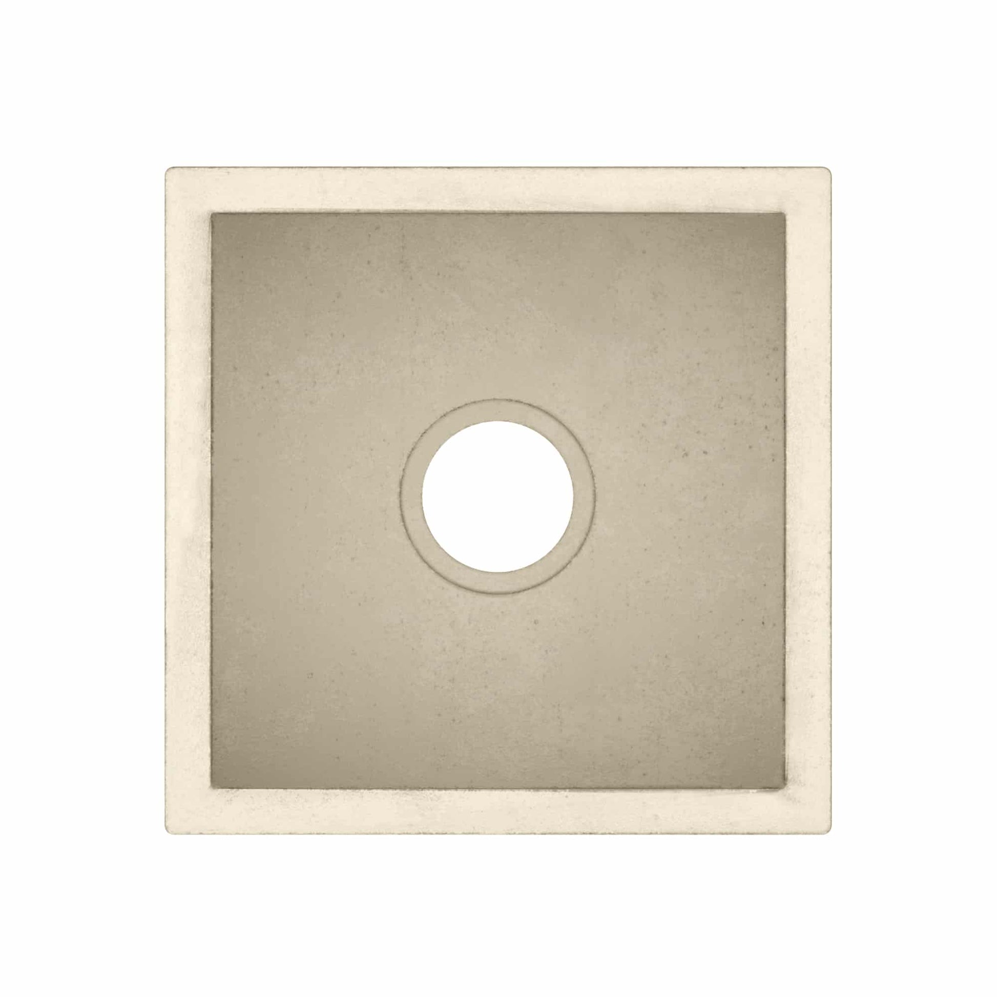 Square sand-colored concrete sink with central circular drain opening and recessed basin.