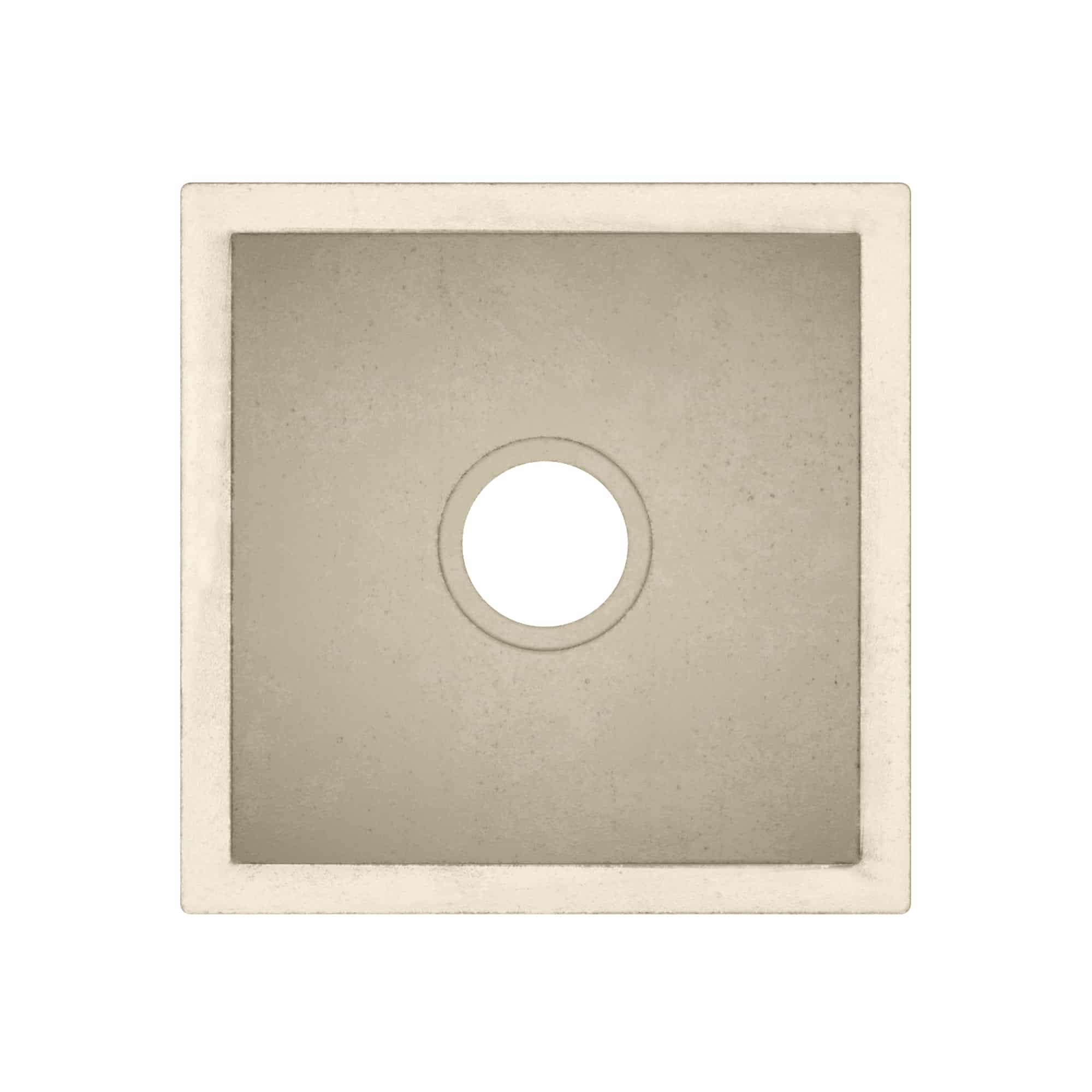 Square sand-colored concrete sink with central circular drain opening and recessed basin.