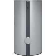 Tall cylindrical gray water heater tank with dark central stripe and round control dial at bottom.