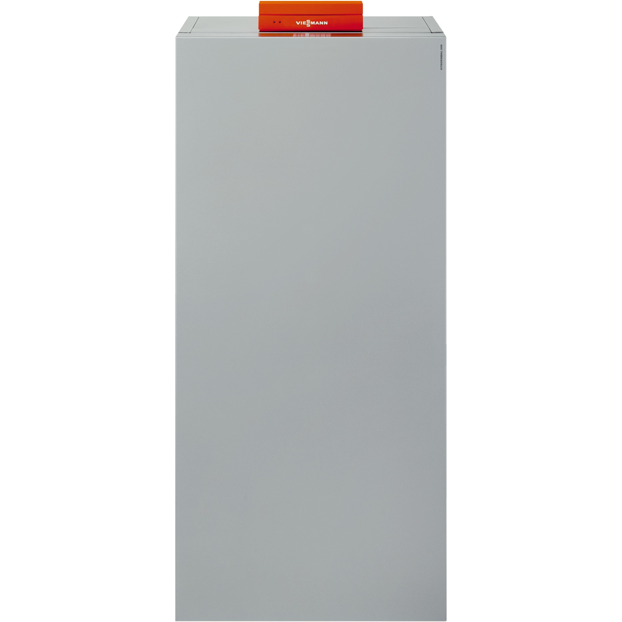 Gray rectangular gas condensing boiler with red Viessmann branded panel on top.