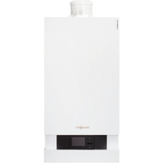 White wall-mounted condensing boiler with digital display panel and control buttons at base.