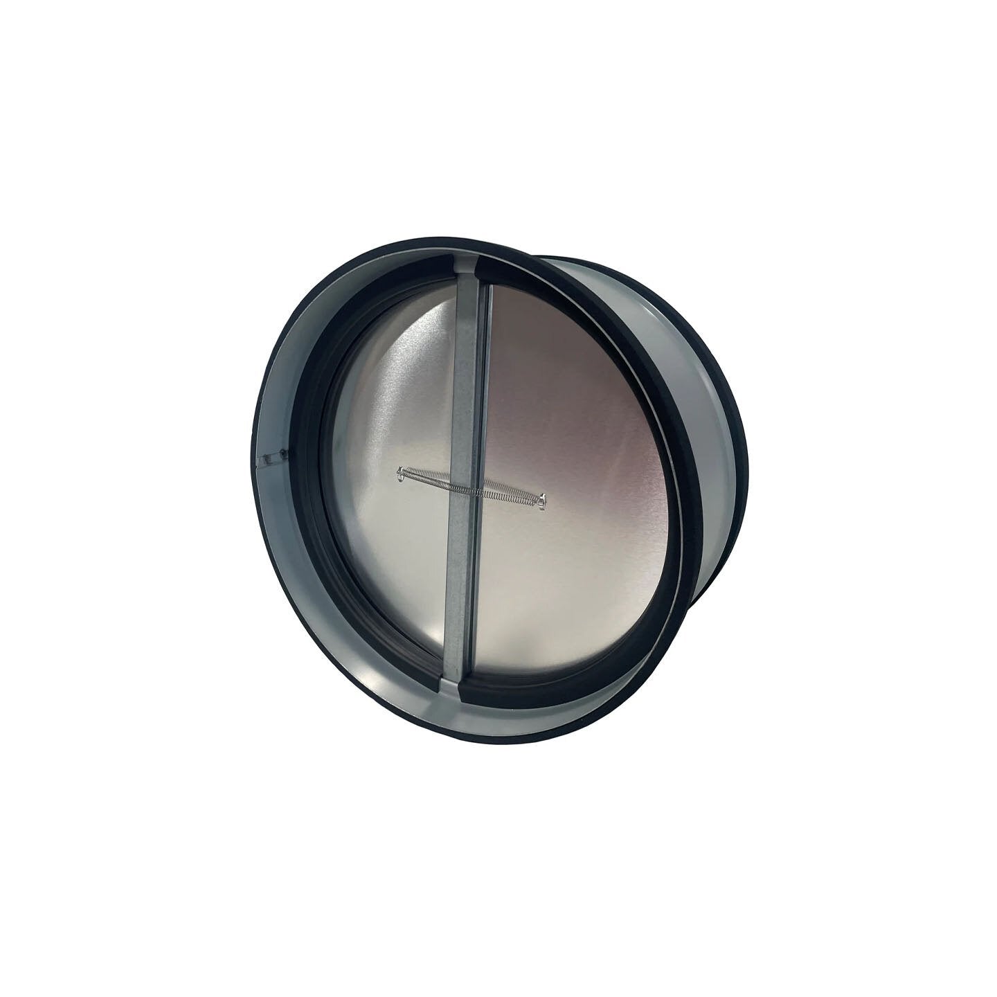 Round metal draft damper with butterfly flaps and spring-loaded mechanism inside dark plastic housing.