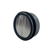 Round ductwork damper with black housing, metal butterfly flap visible in center opening.