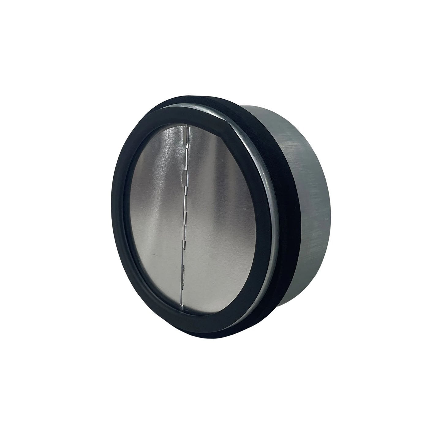 Round ductwork damper with black housing, metal butterfly flap visible in center opening.