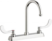 Chrome deck-mounted faucet with goose neck spout and two white lever handles on 8-inch centers.