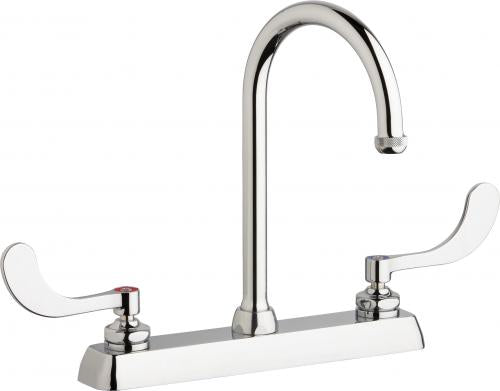Chrome deck-mounted faucet with goose neck spout and two white lever handles on 8-inch centers.