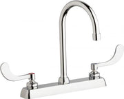 Chrome two-handle gooseneck faucet with white lever handles and white base deck.