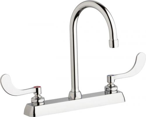 Chrome two-handle gooseneck faucet with white lever handles and white base deck.