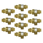 Ten brass dual check valves with white label bands and threaded 1/2 inch connections arranged in rows.