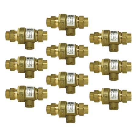 Ten brass dual check valves with white label bands and threaded 1/2 inch connections arranged in rows.