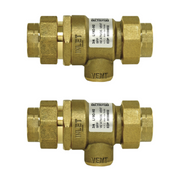 Two brass dual check valves with 3/4 inch threaded connections and atmospheric vent ports.