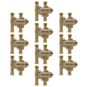 Ten bronze thermostatic mixing valves with 3/8 inch connections arranged in three columns.
