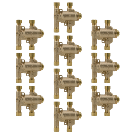 Ten bronze thermostatic mixing valves with 3/8 inch connections arranged in three columns.