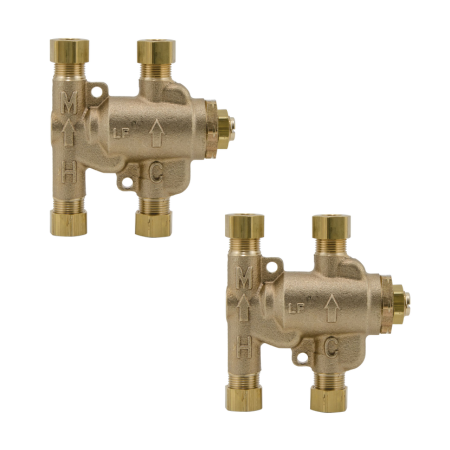 Two bronze thermostatic mixing valves with dual outlets and adjustment knobs.