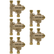 Five bronze thermostatic mixing valves with threaded ports and adjustment handles arranged in a grid.