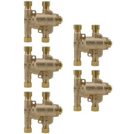 Five bronze thermostatic mixing valves with threaded ports and adjustment handles arranged in a grid.