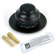 Oil rubbed bronze foot-actuated tub stopper with integrated grid strainer, shown with brass fittings and installation instruc